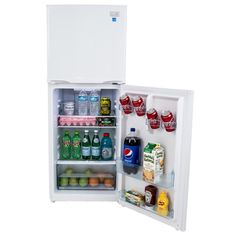 an open refrigerator filled with drinks and condiments