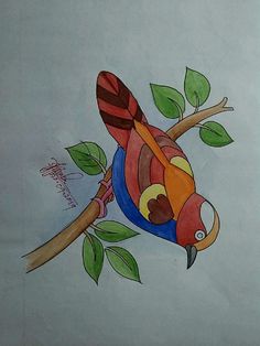 a drawing of a colorful bird sitting on a branch with leaves around it's neck