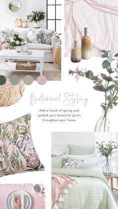 a collage of pink and green decor with text that reads botanical style add a touch of spring and spread your botanical prints