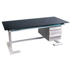 a glass desk with metal legs and drawers on it's sides, against a white background