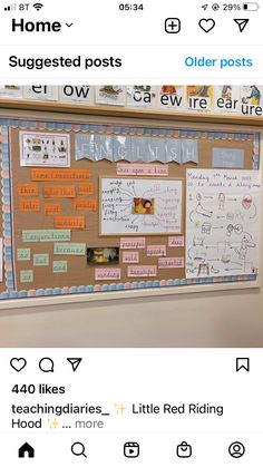 a bulletin board with writing on it and other notes attached to the back of it