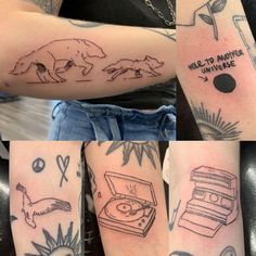 four different tattoos on the arms of people, including one with an old record player