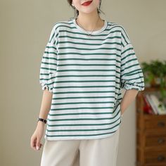 Details: Gender: Women Item Type: T-Shirt Material: Cotton Pattern Type: Stripe Season: Summer Style: Leisure, Daily, Retro Occasion: Going Out, Daily Size: One Size Length: 63.00 cm/ 24.80 " Bust: 124.00 cm/ 48.82 " Shoulder: 54.00 cm/ 21.26 " Sleeve: 29.00 cm/ 11.42 " Simple Crew Neck Top For Spring, Simple Crew Neck Spring Top, Simple Spring Crew Neck Top, Simple Relaxed Fit Spring Tops, Simple Crew Neck Shirt For Spring, Trendy Green Tops For Everyday Wear, Striped Cotton T-shirt For Spring, Green T-shirt For Everyday Spring Wear, Everyday Crew Neck Spring Shirt