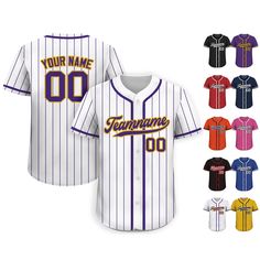 Pinstripe Custom Baseball Jersey is a stylish and functional piece that ensuring a comfortable fit for groups, individuals, couples, teams, or anyone who loves Baseball fashionable and sporty vibe. From casual outings to intense gameplay, this baseball jersey always guarantees both style and performance. If you have any other design ideas, or any changes to the jersey details, simply share an image and we will create a visual representation for you to confirm. ⚾FEATURES - Personalized with your College Team-colored Baseball Jersey With Contrast Stripes, Striped Team Spirit Baseball Jersey For College, Baseball Jersey With Contrast Stripes For Sports Events, Team-colored Baseball Jersey With Contrast Stripes, Game Day Striped Baseball Jersey With Letter Print, Team-colored Baseball Jersey With Contrast Stripes For Sports Events, Striped Baseball Jersey With Letter Print For Game Day, Striped Varsity Baseball Jersey For College, Striped Baseball Jersey With Letter Print For Team Spirit