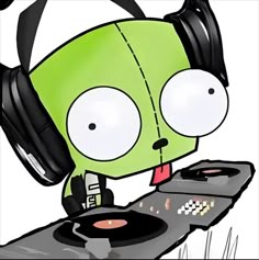 a green cartoon character with headphones on and an old record player in the foreground