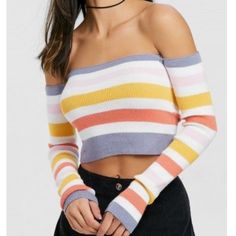 An Off Shoulder Top In Rib Knit With Long Sleeves And A Colorful Stripe. Latest Sweater, Boho Fall, Off Shoulder Top, Long Sleeve Crop, Off Shoulder Tops, Color Stripes, Long Sleeve Crop Top, Stripe Sweater, Summer Girls