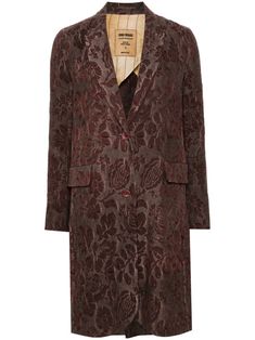 wine red linen-cotton blend textured finish floral jacquard peak lapels front button fastening long sleeves with buttoned cuffs two front flap pockets central rear vent straight hem above-knee length partial lining Long Blazer Jacket, Linen Coat, Single Breasted Coat, Print Coat, Floral Jacquard, Pleats Please Issey Miyake, Van Cleef Arpels, Outerwear Coats, Lady Dior