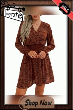 V-neck Printed Casual Women's Dress Brown V-neck Midi Dress, Brown V-neck Mini Dress For Spring, Brown V-neck Mini Dress For Day Out, Brown V-neck Mini Dress For Date Night, Fall Mini Dress With Surplice Neckline, Fall Dress With Surplice Neckline For Day Out, Casual Mini Dress With Surplice Neckline For Fall, Fall V-neck Dress With Surplice Neckline, Fall V-neck Mini Dress For Day Out