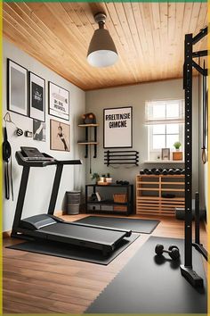 a home gym with treadmills and exercise equipment in the background, framed pictures on the wall