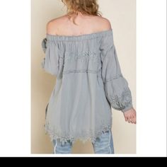 Women's Pol Free Form Beautiful Scalloped Lace Trimmed Throughout Long Big Balloon Sleeve Gorgeous Fre Flowing Top 100%Cotton Gray Spring Blouse For A Day Out, Spring Gray Blouse For Day Out, Gray Blouse For Spring Day Out, Big Balloons, Balloon Sleeve Top, Long Balloons, Scalloped Lace, Top 100, Blue Gray