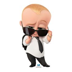 the boss baby is wearing sunglasses and a suit with a black tie on it's head