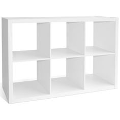 a white shelf unit with six cubes on the bottom and four shelves below it