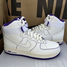 New Nike Air Force 1 High Rare White Field Purple Violet Dv1138-100 Women Sz 7 Brand New With Box Box Has No Lid Authentic White Leather Nike Air Force 1 For Streetwear, White Synthetic Basketball Shoes For Streetwear, White Mid-top Nike Air Force 1 For Streetwear, Nike Air Force 1 White Leather, Nike Air Force 1 White Lace-up, Nike Air Force 1 White Leather Sneakers, Nike Air Force 1 White Lace-up With Branded Insole, White Nike Air Force 1 Lace-up, White High-top Nike Air Force 1 With Branded Insole