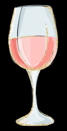 a wine glass filled with pink liquid and gold flecks on the rim, against a black background