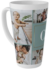 a white coffee mug with photos of people and letters on the front, in different colors