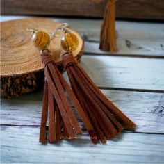 Fishhook Dangle Earrings With Natural Jasper Beads And Leather Tassel. Great Gift Idea Casual Handmade Brown Earrings, Casual Brown Handmade Earrings, Brown Fringe Tassel Earrings As Gift, Brown Fringe Tassel Earrings For Gift, Bohemian Brown Jewelry With Latkans, Bohemian Brown Beaded Tassel Earrings, Brown Beaded Dangle Tassel Earrings, Elegant Brown Dangle Tassel Earrings, Brown Dangle Tassel Earrings With Fringe