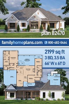 two story house plan with 3 beds, 2 baths and an attached garage in the front yard