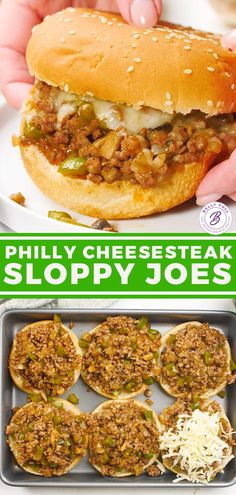 there is a sandwich with cheese and meat on the buns next to other sloppy joes