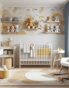 a baby's room with teddy bears on the wall