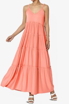 Livvy V-Neck Tiered Cami Maxi Dress CORAL_1 Cami Maxi Dress, Ankle Length Skirt, Vacation Wardrobe, Ruffle Design, Maxi Dress Sale, Spaghetti Strap Top, Strap Top, Wide Brimmed Hats, Long Maxi