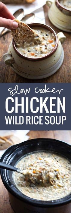 slow cooker chicken wild rice soup in a black bowl with a spoon on the side