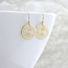 Gold Circle Earrings Engraved Gold Disc Earrings #jewelry #earrings @EtsyMktgTool http://etsy.me/2g1kzOo Gold Flower Earrings With Intricate Design As Gift, Gold Etched Round Earrings, Gold Etched Earrings As Gift, Gold Etched Earrings For Gift, Gold Flower Earrings With Intricate Design For Gift, Gift Gold Etched Earrings, Gold Etched Drop Earrings, Gold Engraved Drop Earrings, Sterling Silver Etched Gold Earrings