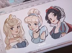 a computer screen with some drawings of princesses on it's monitor facets