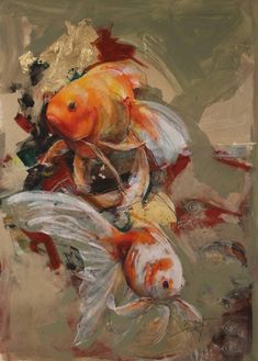 an oil painting of goldfish in a pond