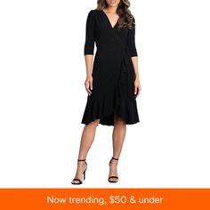 in stock Elegant V-neck Ruffle Dress For Evening, Black Ruffle Hem Midi Dress For Formal Occasions, Black Midi Dress With Ruffle Hem For Formal Occasions, Black Knee-length Dress With Ruffle Hem, Black Cocktail Midi Dress With Ruffle Hem, Elegant Ruffle Midi Dress For Night Out, Elegant Fitted Ruffle Dress, Elegant Midi Length Ruffle Dress For Night Out, Elegant Ruched Ruffle Dress For Night Out