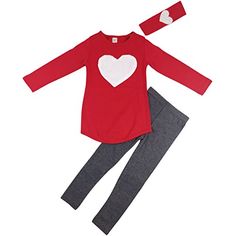 Jastore Kids Girl Cute 2PCS Heart Shaped Clothing Set Long Sleeve Top Leggings 23 Years Red * Click image to review more details.(It is Amazon affiliate link) #l4l Girls Clothing Online, Matching Headband, Valentines Day Shirts, Toddler Girl Outfits, Big Deal, Girl Clothes