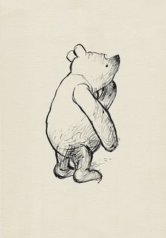 a black and white drawing of a teddy bear sitting on its hind legs with one paw in the air