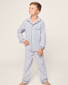 These elegant pajamas were made in a traditional French ticking design. This classic pattern is here to stay, with no frills just clean, crisp lines. This classic pajama set is accented with navy piping and finished with pearl buttons. The sleepwear is made from the finest quality yarn-dyed cotton and blended with just enough inherently flame retardant fiber to allow it to pass strict CPSC flame retardant laws without using harmful chemicals. The fabric is brushed for added softness, making the Elegant Pajamas, Classic Pajamas, Kids Night, Night Suit, Flame Retardant, Classic Pattern, Harmful Chemicals, Pearl Buttons, Ticks