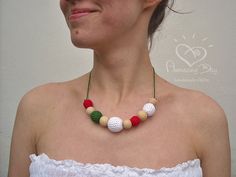 White Red Green Teething Crochet Necklace Italy by AmazingDay White Adjustable Necklace For Christmas, Festive Handmade Red Necklace, Christmas Crochet Necklace, Christmas Necklace With Colorful Round Beads, Adjustable Crochet Beaded Necklace For Gift, Green White Red, Crochet Beaded Necklace Inspire Uplift ⭐, Necklace Crochet, Nursing Necklace