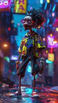 a cartoon character standing in the middle of a city at night with neon signs behind him