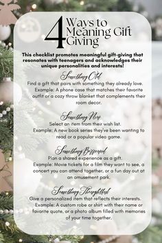 the four ways to making gift giving list is shown in front of a christmas tree