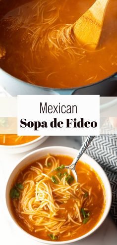 mexican soup in a white bowl with a wooden spoon next to it and text overlay that reads, sopa de fido