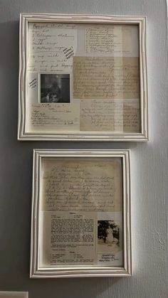 two framed photographs with writing on them