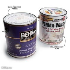 two paint cans with labels on them showing the different colors and types of primer