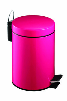 a pink trash can with a lid on the side and a black handle is shown