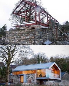 two pictures side by side of a house being built on top of a rock wall