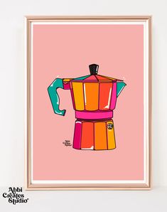 Kitchen Italian coffee maker art print - Abbicreates Studio Acrylic Painting Kitchen Art, Coffee Art Illustration, Colorful Kitchen Art, Kitchen Italian, Italian Coffee Maker, Colored Markers, Awesome Furniture, Colour Pencil, Home Office Living Room