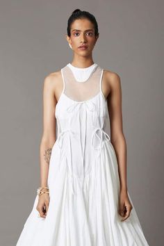 White front panelled dress with string ties detailing, cutouts with mesh overlay. - Aza Fashions Panelled Dress, Panel Dress, Mesh Overlay, Dress For Women, Women Dresses, Aza Fashion, Dresses Online, Dresses Midi, White Dress