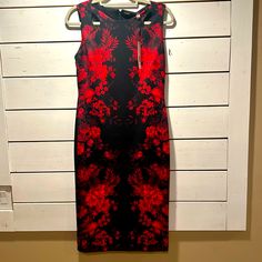 T Tahari Red Black Floral Print Sheath Sleeveless Cocktail Dress Size Small New With Tags No Threads Clean Never Worn Formal Fitted Sleeveless Dress With Floral Print, Red Floral Print Elegant Sleeveless Dress, Red Fitted Sleeveless Dress With Floral Print, Red Floral Print Fitted Sleeveless Dress, Fitted Red Floral Sleeveless Dress, Tahari Dress, Black Floral Print, Black Floral, Black Red