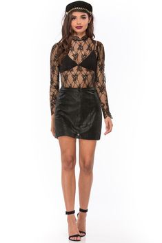 Saraya Leather Mini Skirt– Sugarillashop.com Mini Leather Skirt, Black Lace Bodysuit, Leather Mini Skirt, Leather Mini Skirts, Lace Bodysuit, Leather Mini, Lace Fabric, Jet Set, Snap Closure