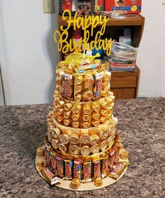 a birthday cake made out of candy bars