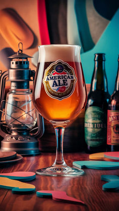 a glass filled with liquid sitting on top of a wooden table next to other bottles