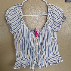 New With Tags Size L. No Rips Or Stains Just A Bit Wrinkled From Having It In Storage. Perfect Spring/Summer Top Summer Vacation Tops With Buttons, Summer Tops With Buttons For Vacation, Fitted Beach Tops With Button Closure, Striped Tops With Button Closure For Summer, Striped Beach Tops With Button Closure, Striped Tops With Button Closure For Beach, Spring Vacation Tops With Buttons, Beach Striped Top With Buttons, Striped Button Top For Beach