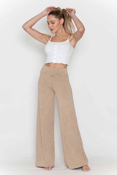 Discover the perfect blend of comfort and style with these Mineral Washed Wide Leg Stretch Pants! They feature a smooth banded waist for an easy pull-on fit, plus raw edge bottom hem and back pockets for added flair. Made in the USA with breathable and versatile Cotton/Spandex French terry fabric, these pants are the perfect alternative to jeans for all day everyday wear. Plus, they come in a flexible sizing range for regular, plus size, and curvy women. Inseam 32" inches Stay Sexy! Check out al Beige Stretch Pants For Everyday Use, Relaxed Stretch Pants For Fall, Neutral Wide Leg Bottoms For Everyday, Relaxed Beige Pants For Fall, Casual Wide Leg Pants With Comfort Stretch, Stretch Wide Leg Pants For Everyday, High Waist Pull-on Everyday Bottoms, Everyday High Waist Pull-on Bottoms, Casual Beige Bottoms With Comfort Waistband