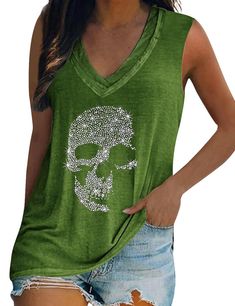 PRICES MAY VARY. ✿ Details Features: Women's rhinstone skull graphic tank top is trendy item and popular y2k/90s fashion style this summer. The summer cute sparkle graphic shirt features a horror skull, and the skull graphic, however the skull pattern made from sparkle glitter rhinestones adds a stylish and funny style to this women's casual tank top. ✿ Soft Material: This womens skull graphic beach sleeveless shirt is made of comfortable and soft cotton blend fabric, which has good stretch and Sparkle Graphic, Y2k 90s Fashion, Rhinestone Skull, Graphic Design Style, Skull Tank, Loose Tank Tops, Sleeveless Tee, Short Sleeve Tops, Casual Tank Tops