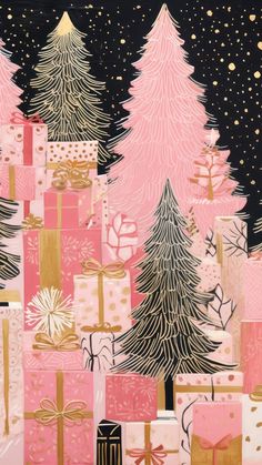 christmas presents are wrapped in pink and gold wrapping paper with trees on the side,